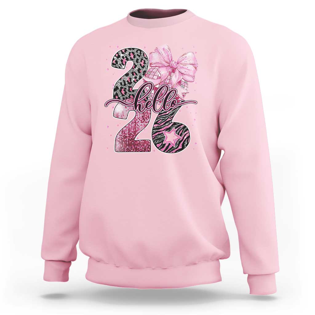 Happy New Year 2026 Sweatshirt Hello 2026 Disco Ball Pink Coquette Bow Faux Glitter - Wonder Print Shop