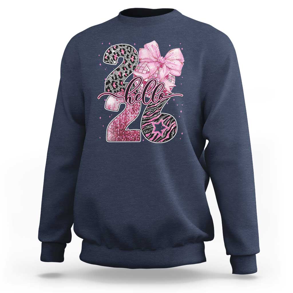 Happy New Year 2026 Sweatshirt Hello 2026 Disco Ball Pink Coquette Bow Faux Glitter - Wonder Print Shop