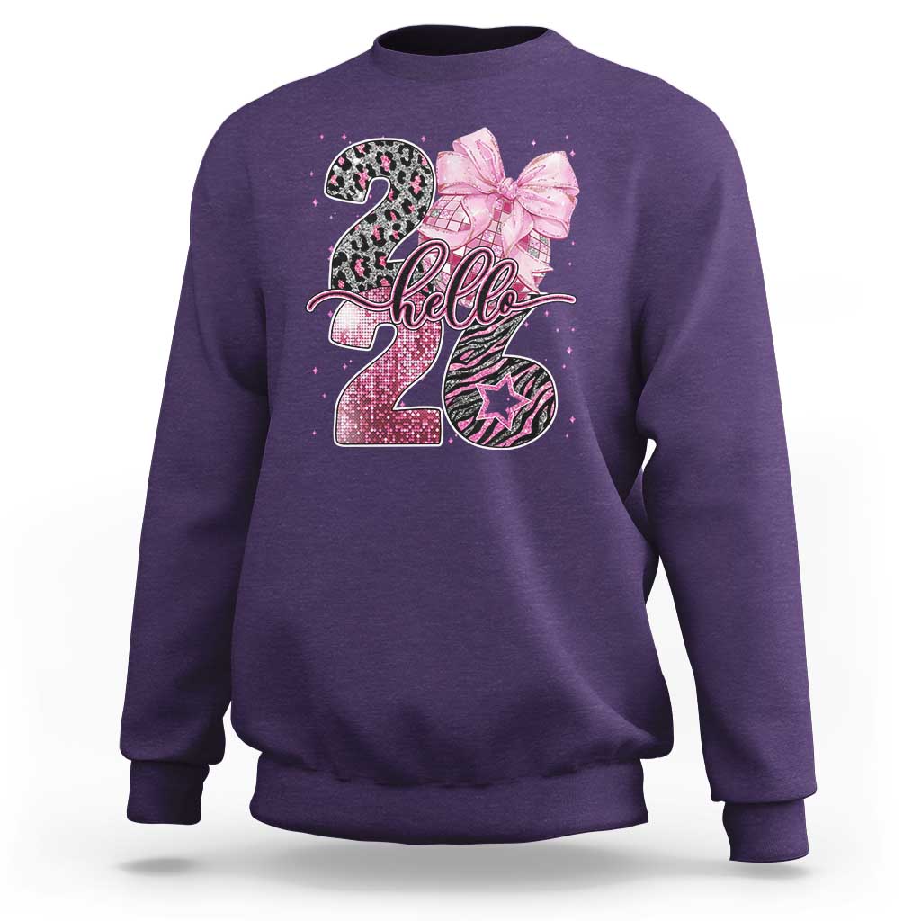 Happy New Year 2026 Sweatshirt Hello 2026 Disco Ball Pink Coquette Bow Faux Glitter - Wonder Print Shop