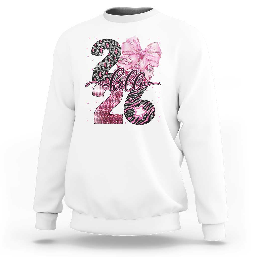 Happy New Year 2026 Sweatshirt Hello 2026 Disco Ball Pink Coquette Bow Faux Glitter - Wonder Print Shop