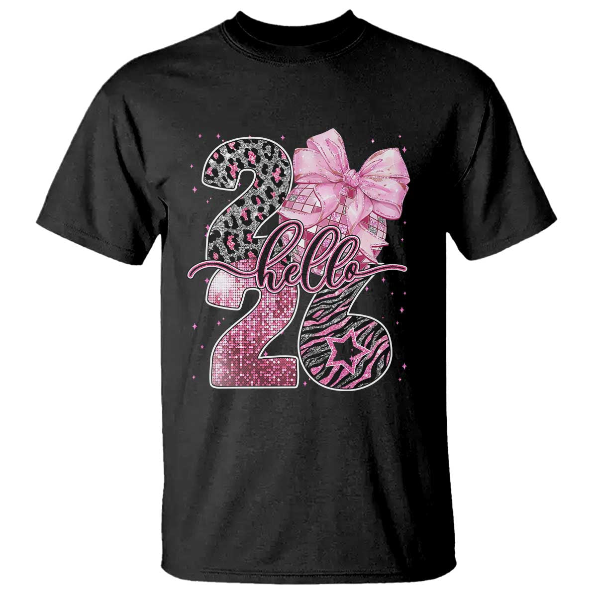Happy New Year 2026 T Shirt Hello 2026 Disco Ball Pink Coquette Bow Faux Glitter - Wonder Print Shop