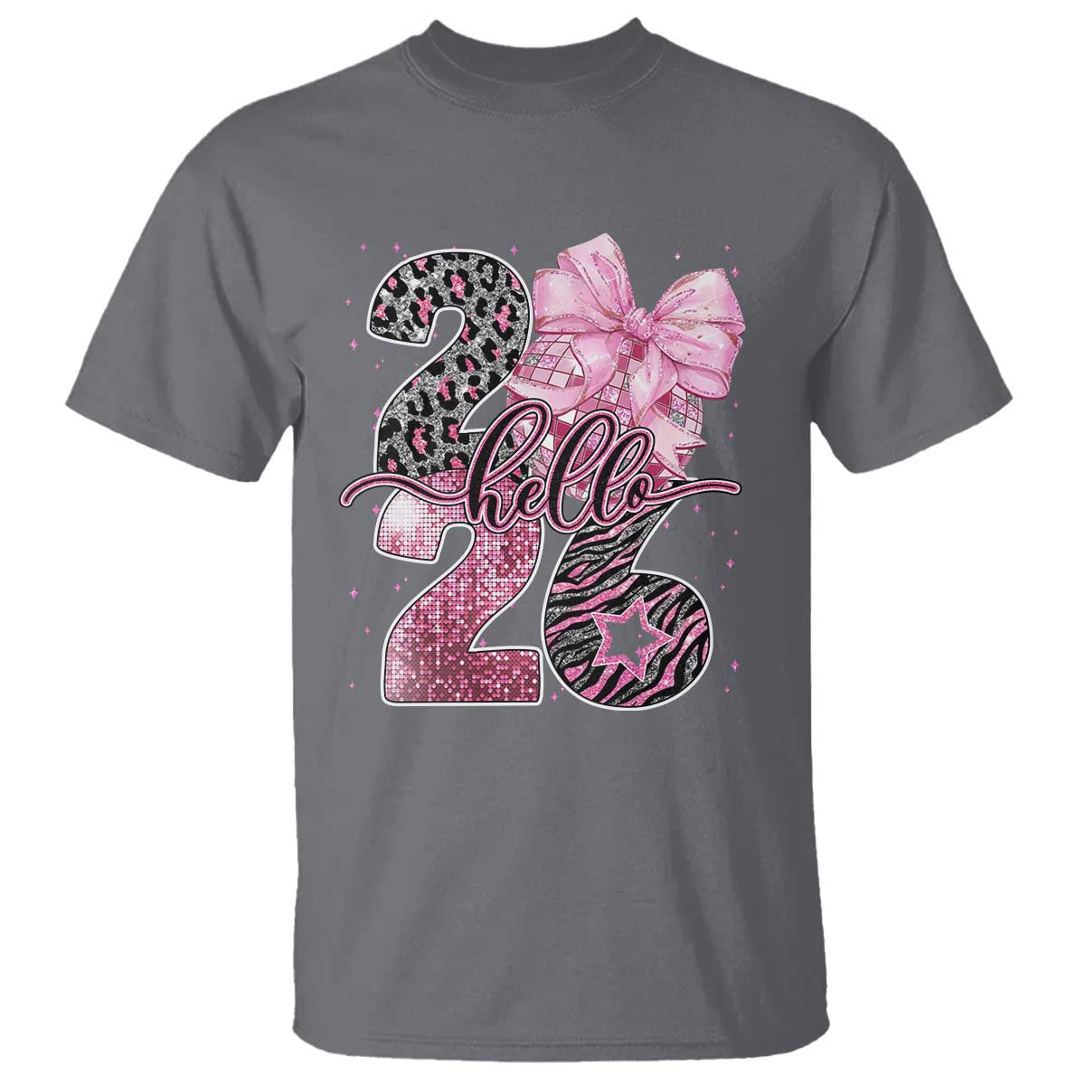 Happy New Year 2026 T Shirt Hello 2026 Disco Ball Pink Coquette Bow Faux Glitter - Wonder Print Shop