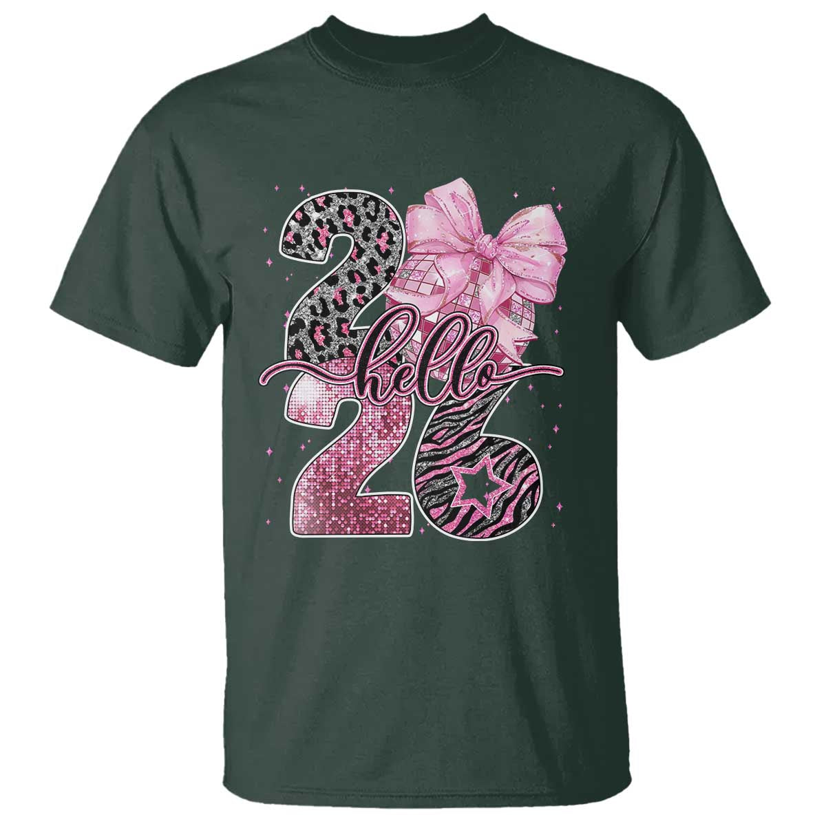 Happy New Year 2026 T Shirt Hello 2026 Disco Ball Pink Coquette Bow Faux Glitter - Wonder Print Shop
