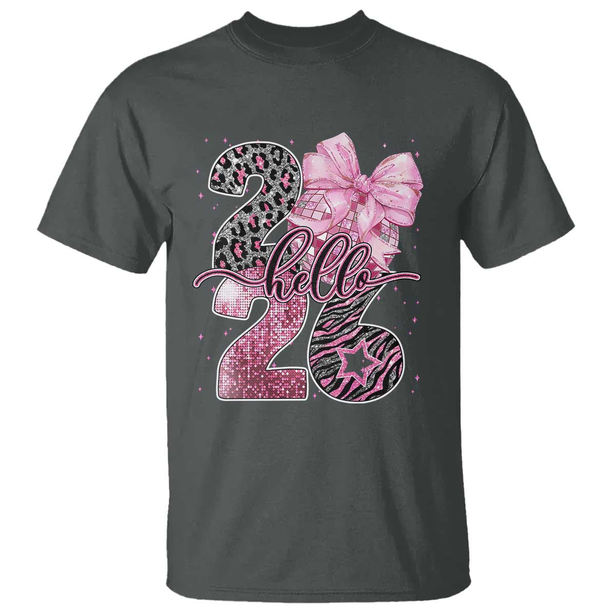 Happy New Year 2026 T Shirt Hello 2026 Disco Ball Pink Coquette Bow Faux Glitter - Wonder Print Shop