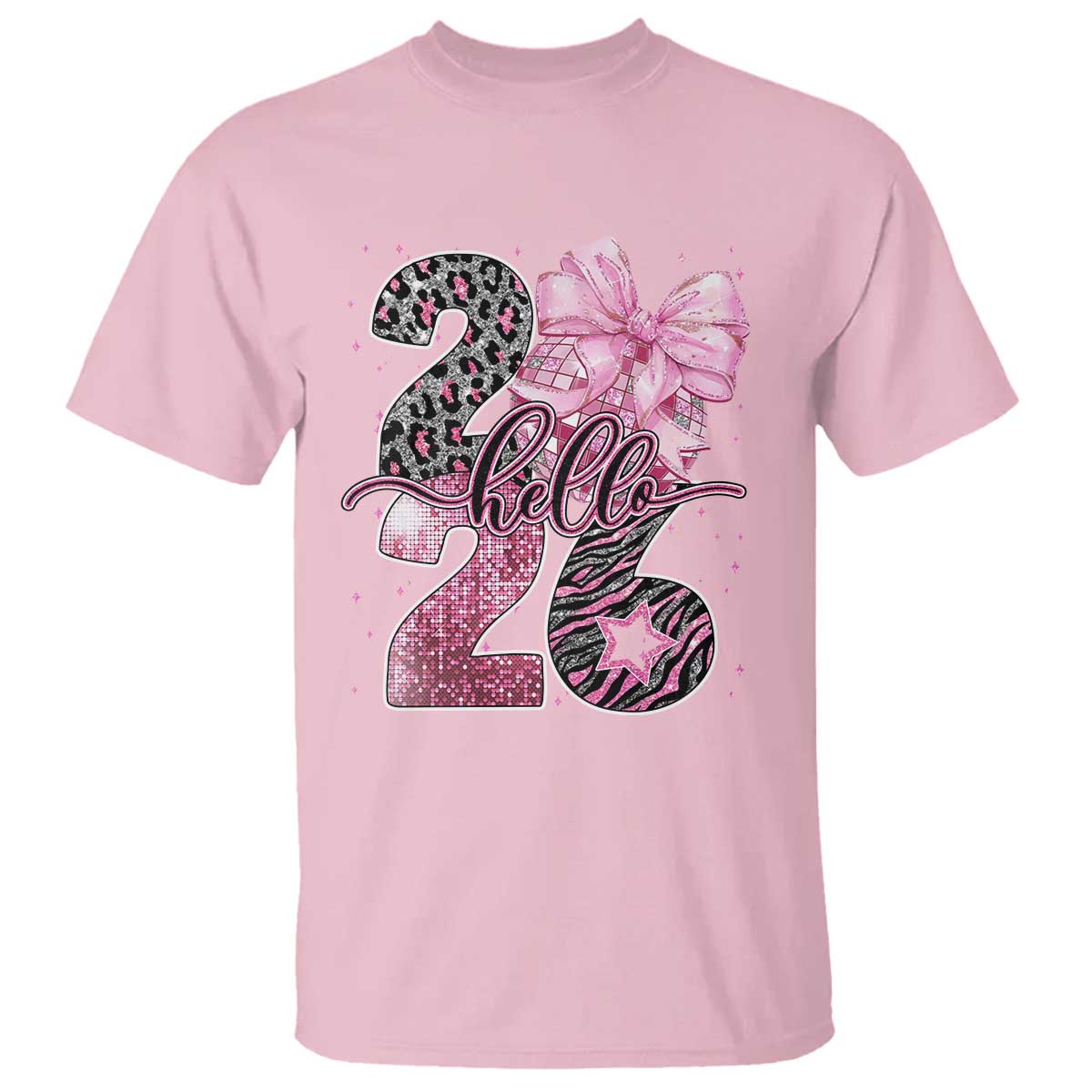 Happy New Year 2026 T Shirt Hello 2026 Disco Ball Pink Coquette Bow Faux Glitter - Wonder Print Shop