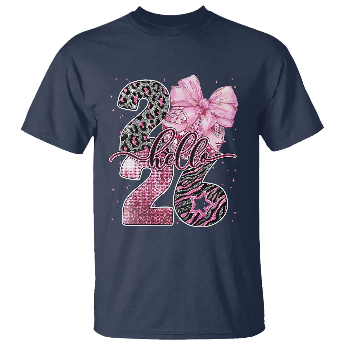 Happy New Year 2026 T Shirt Hello 2026 Disco Ball Pink Coquette Bow Faux Glitter - Wonder Print Shop
