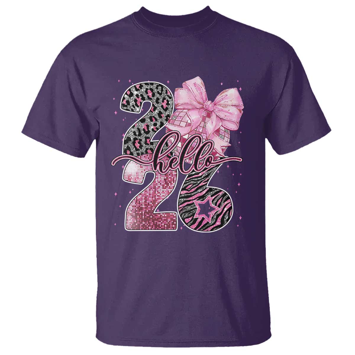 Happy New Year 2026 T Shirt Hello 2026 Disco Ball Pink Coquette Bow Faux Glitter - Wonder Print Shop