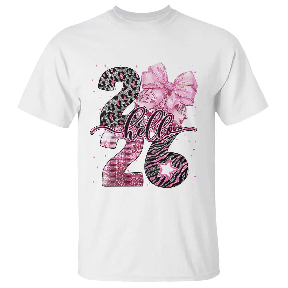 Happy New Year 2026 T Shirt Hello 2026 Disco Ball Pink Coquette Bow Faux Glitter - Wonder Print Shop