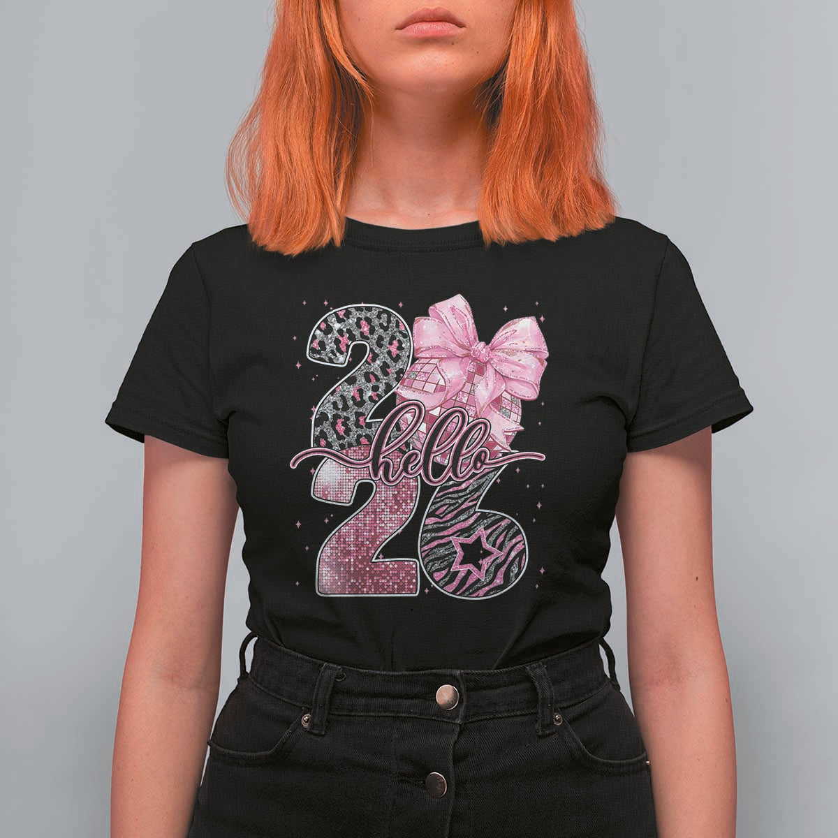 Happy New Year 2026 T Shirt For Women Hello 2026 Disco Ball Pink Coquette Bow Faux Glitter - Wonder Print Shop