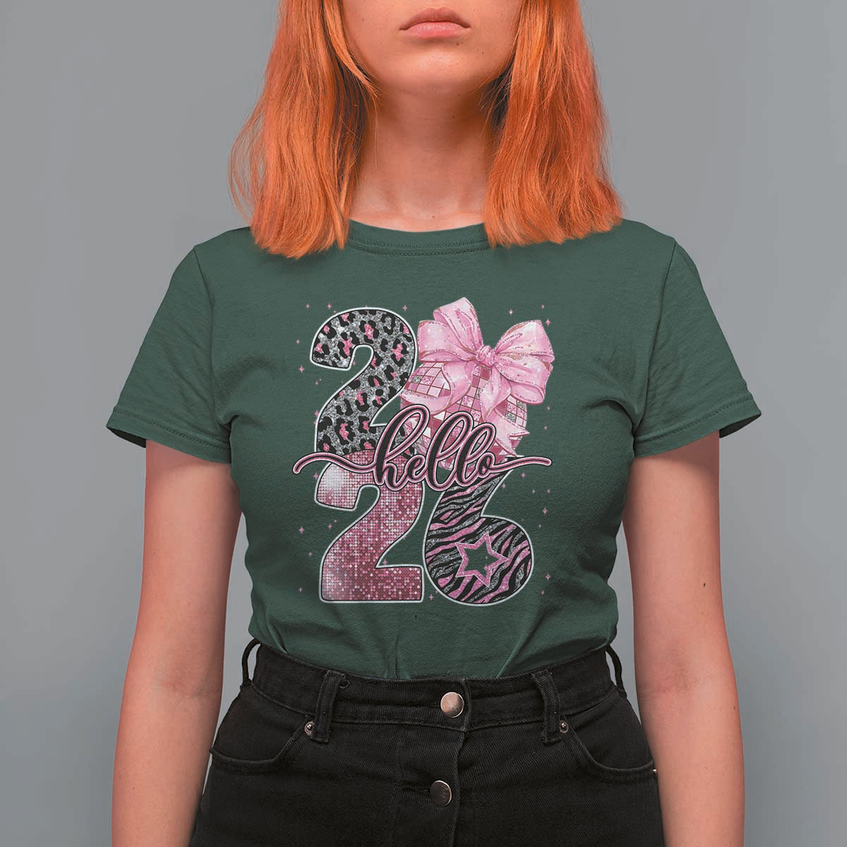 Happy New Year 2026 T Shirt For Women Hello 2026 Disco Ball Pink Coquette Bow Faux Glitter - Wonder Print Shop