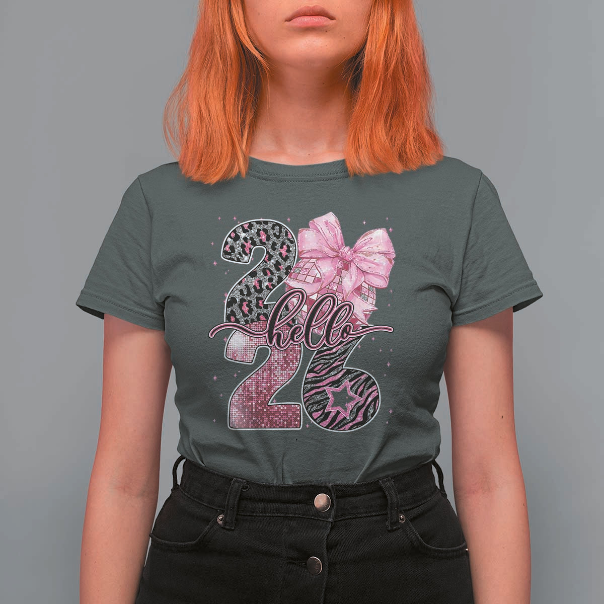 Happy New Year 2026 T Shirt For Women Hello 2026 Disco Ball Pink Coquette Bow Faux Glitter - Wonder Print Shop