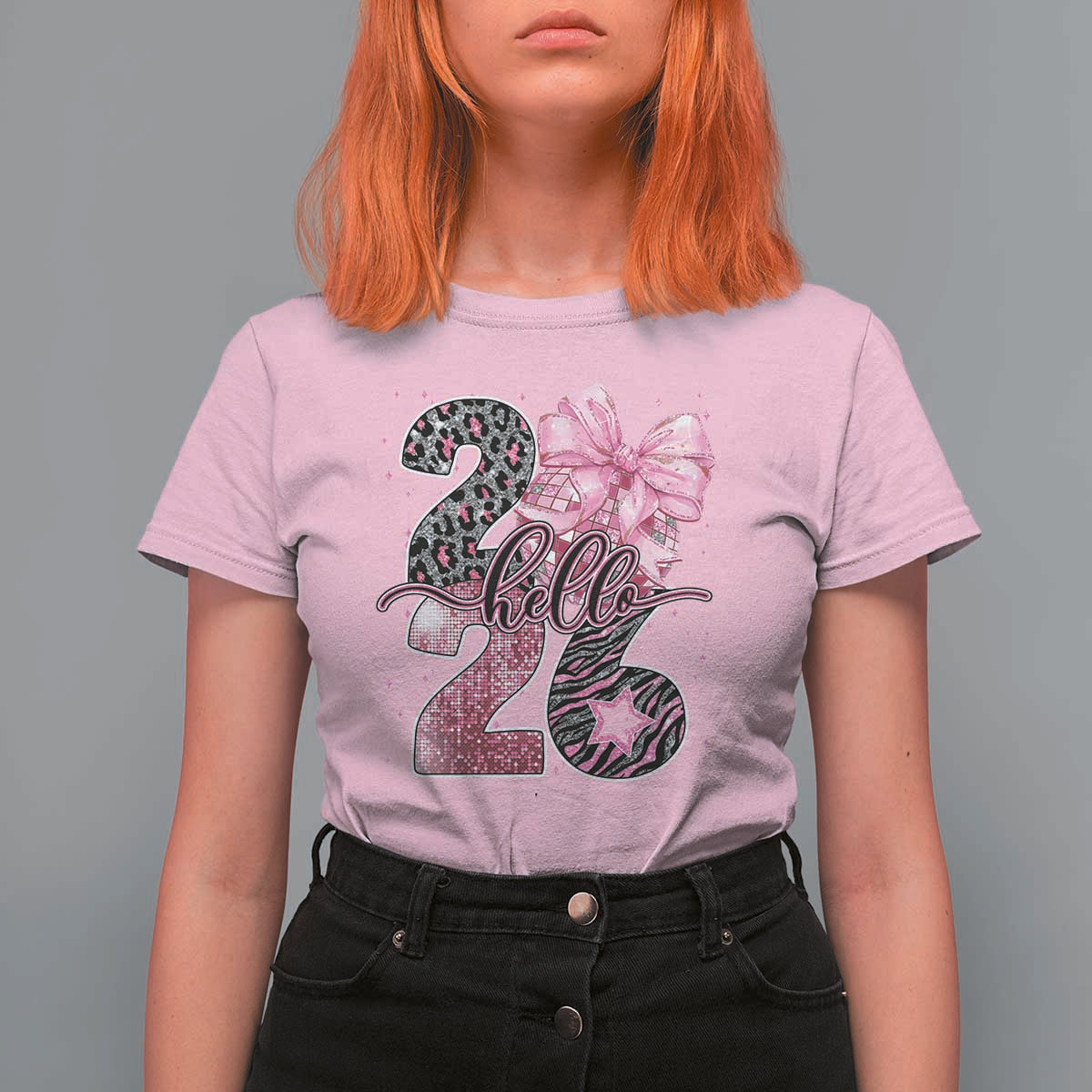 Happy New Year 2026 T Shirt For Women Hello 2026 Disco Ball Pink Coquette Bow Faux Glitter - Wonder Print Shop