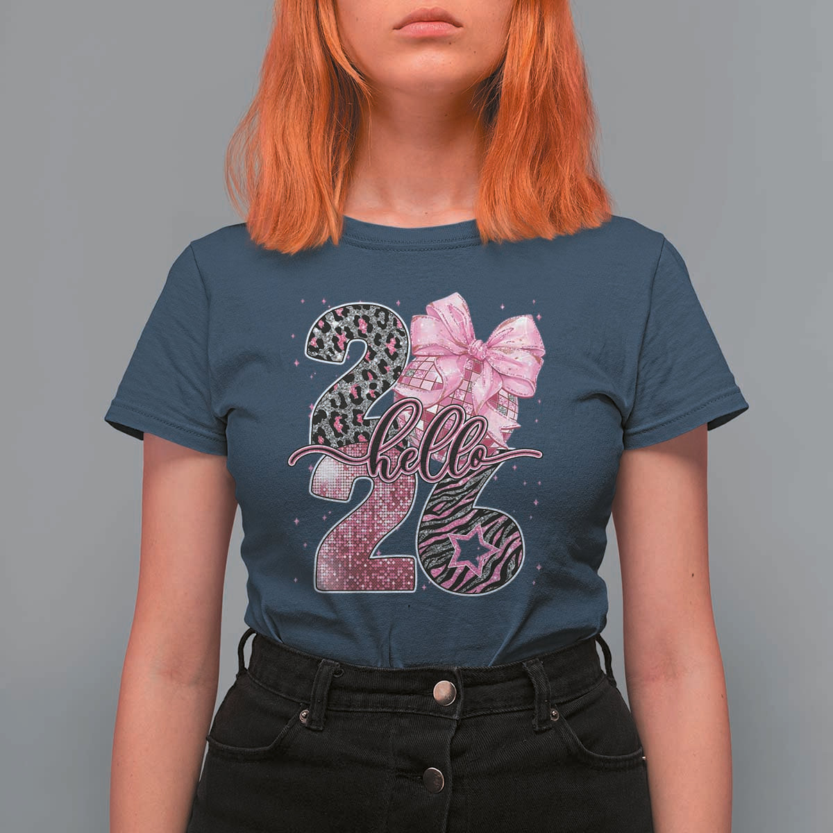 Happy New Year 2026 T Shirt For Women Hello 2026 Disco Ball Pink Coquette Bow Faux Glitter - Wonder Print Shop