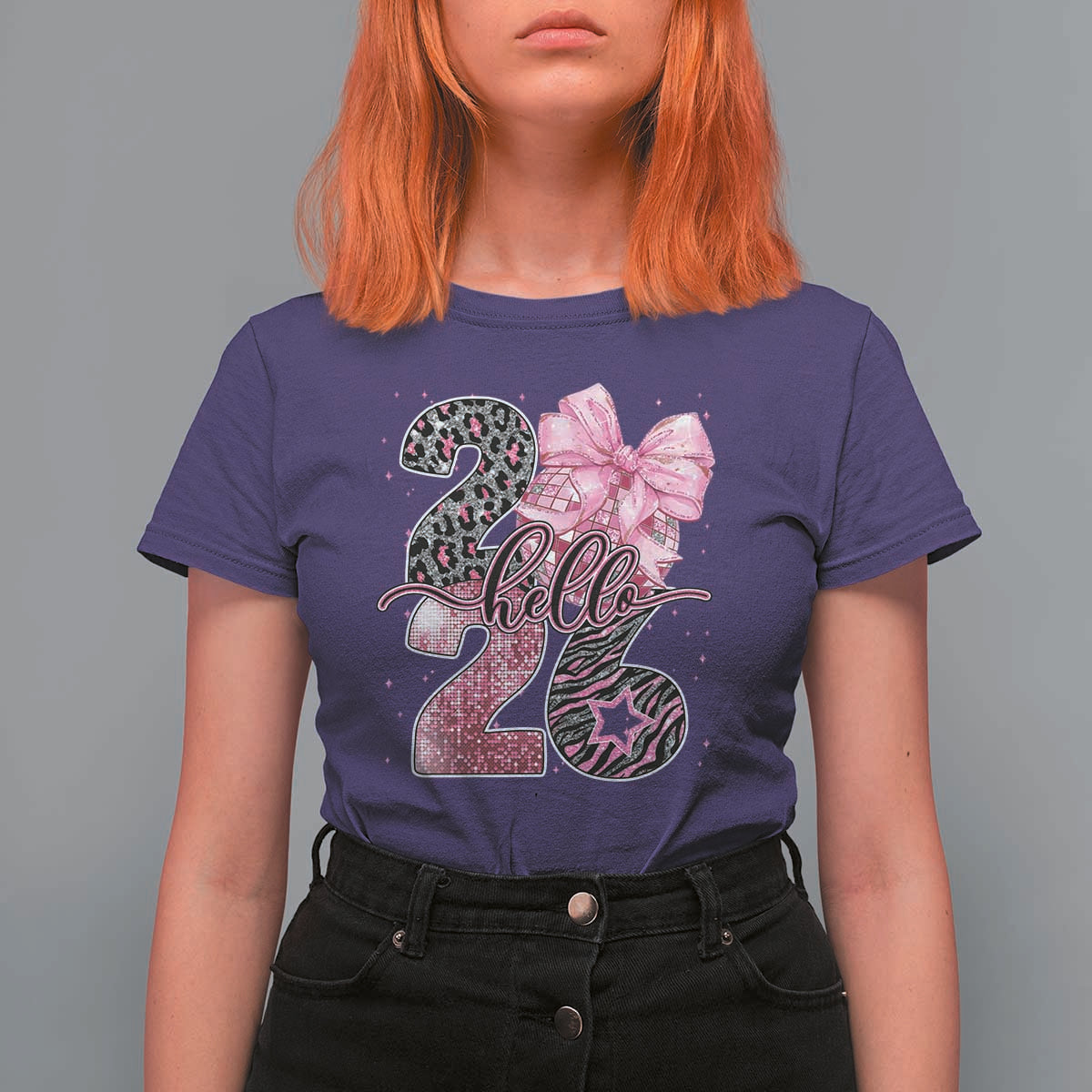 Happy New Year 2026 T Shirt For Women Hello 2026 Disco Ball Pink Coquette Bow Faux Glitter - Wonder Print Shop