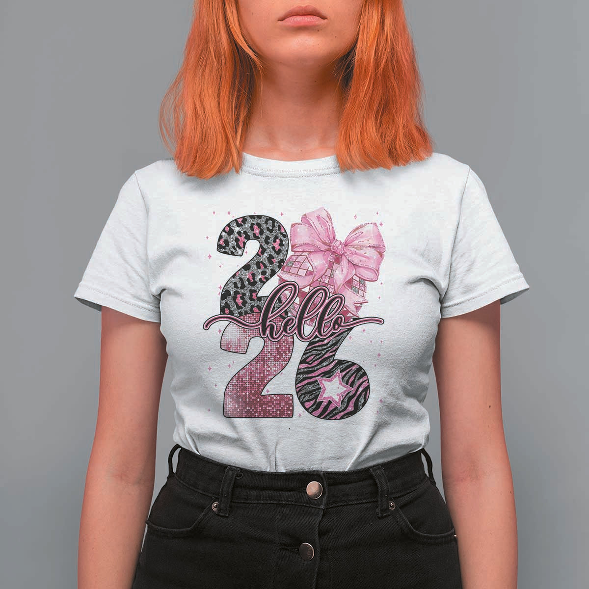 Happy New Year 2026 T Shirt For Women Hello 2026 Disco Ball Pink Coquette Bow Faux Glitter - Wonder Print Shop