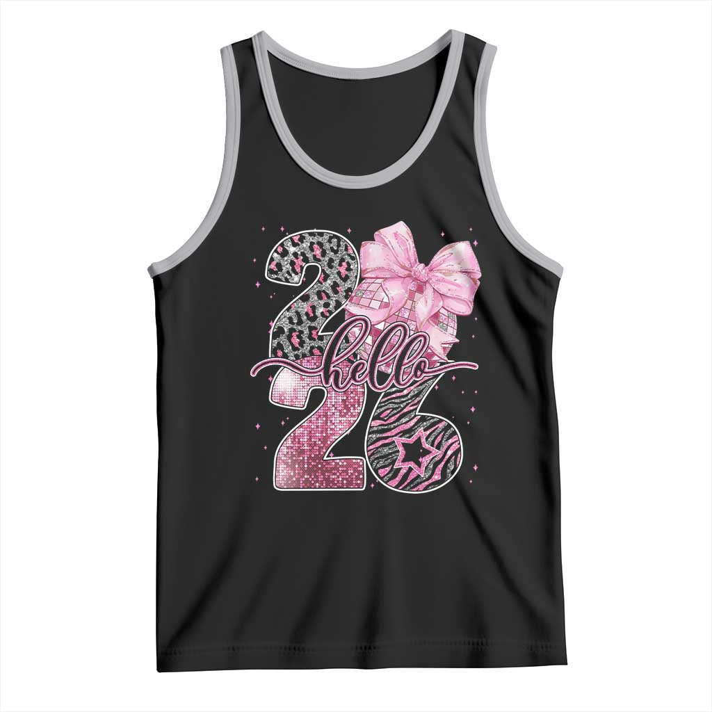 Happy New Year 2026 Tank Top Hello 2026 Disco Ball Pink Coquette Bow Faux Glitter - Wonder Print Shop
