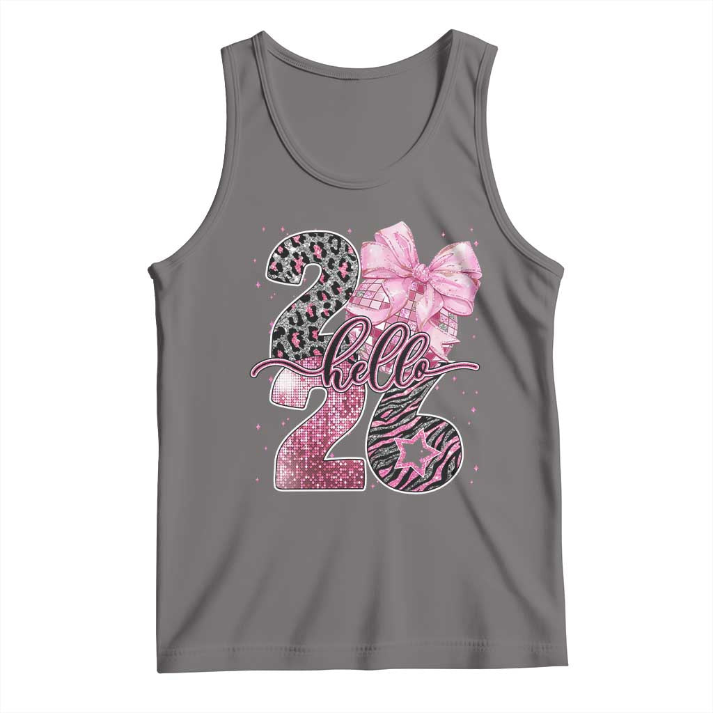 Happy New Year 2026 Tank Top Hello 2026 Disco Ball Pink Coquette Bow Faux Glitter - Wonder Print Shop