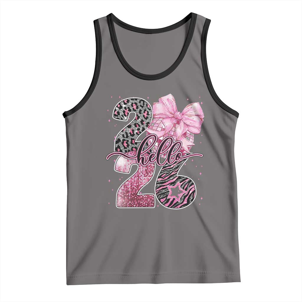 Happy New Year 2026 Tank Top Hello 2026 Disco Ball Pink Coquette Bow Faux Glitter - Wonder Print Shop