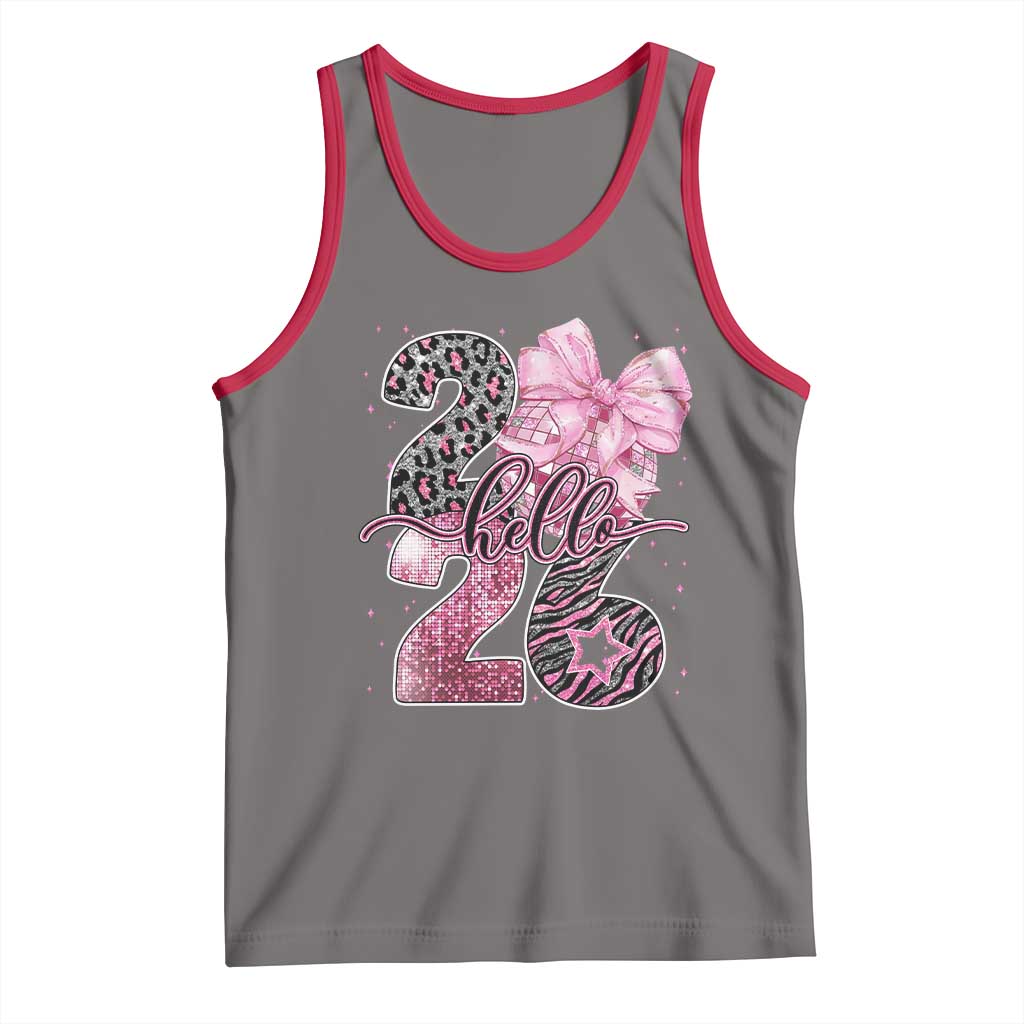 Happy New Year 2026 Tank Top Hello 2026 Disco Ball Pink Coquette Bow Faux Glitter - Wonder Print Shop