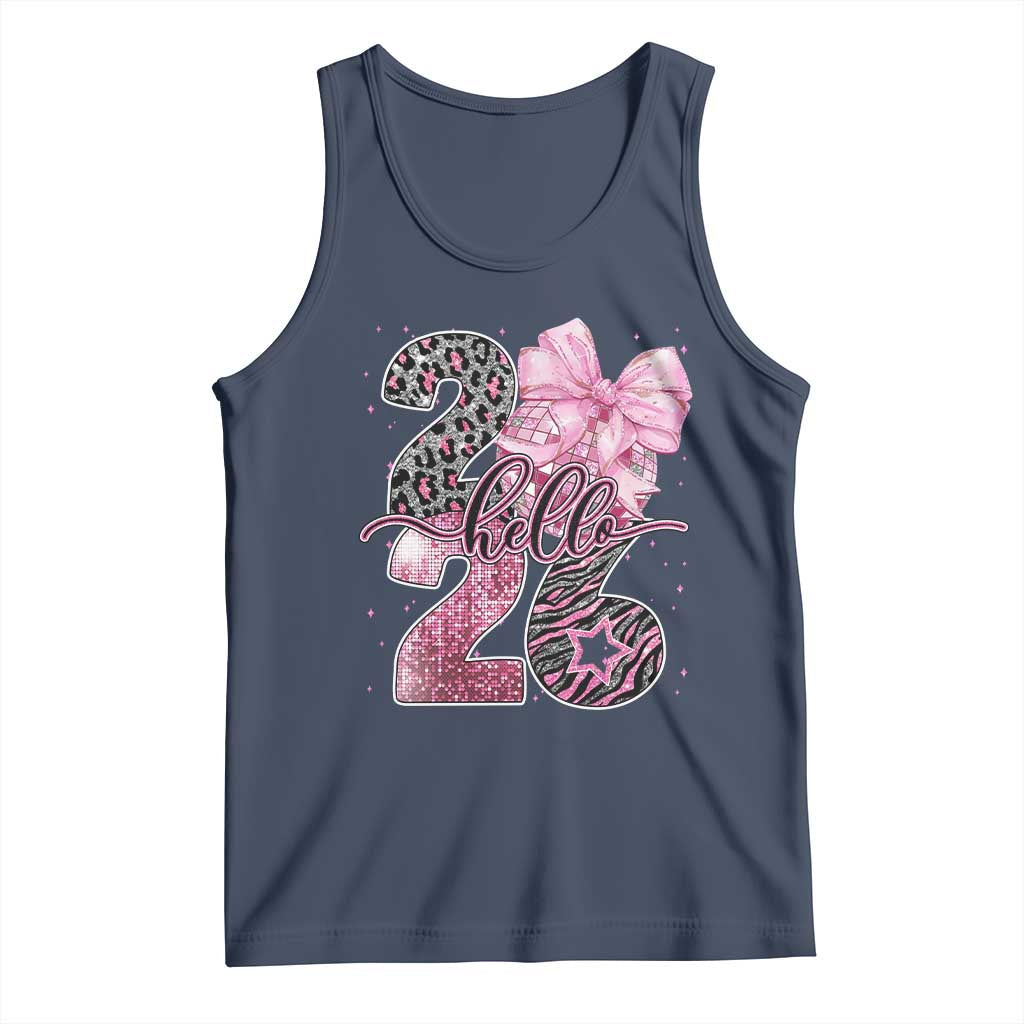 Happy New Year 2026 Tank Top Hello 2026 Disco Ball Pink Coquette Bow Faux Glitter - Wonder Print Shop