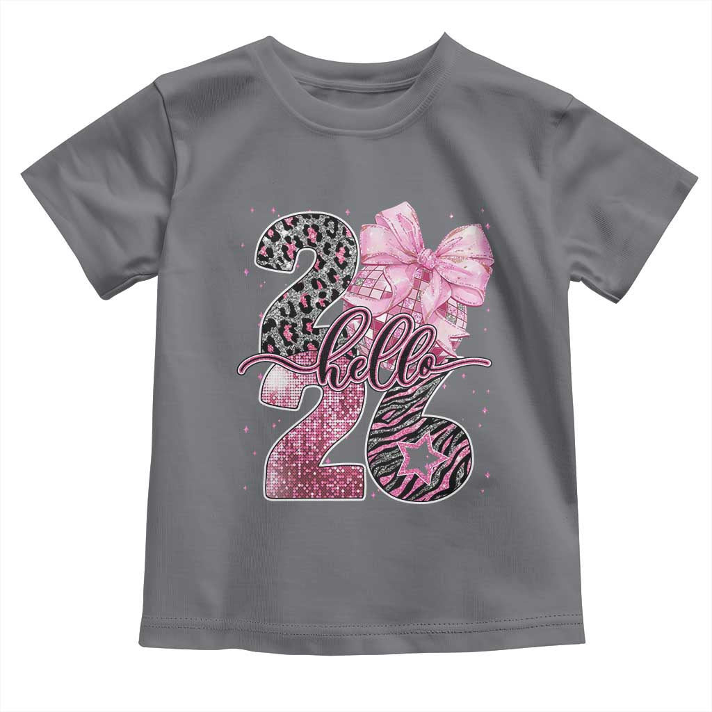 Happy New Year 2026 Toddler T Shirt Hello 2026 Disco Ball Pink Coquette Bow Faux Glitter - Wonder Print Shop