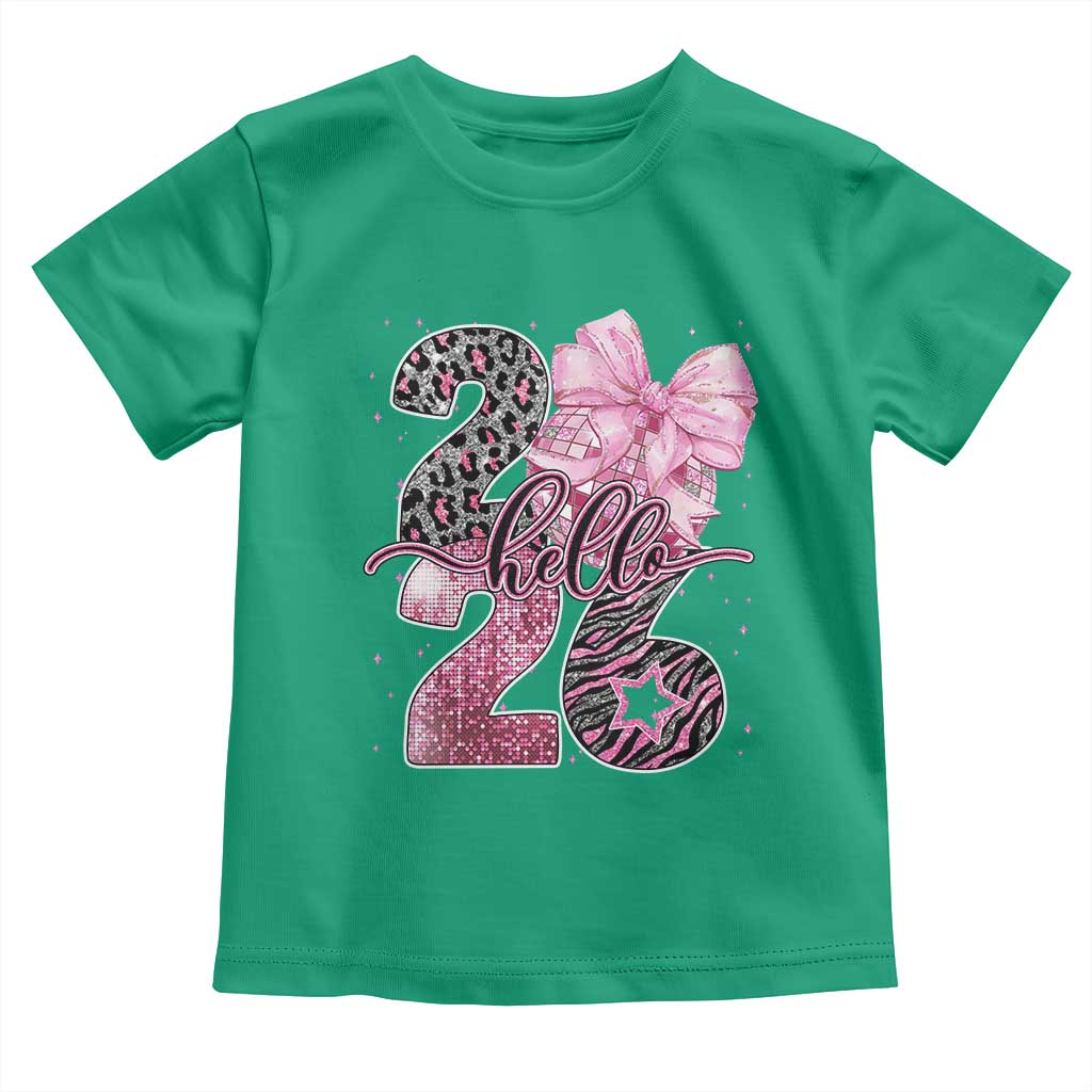 Happy New Year 2026 Toddler T Shirt Hello 2026 Disco Ball Pink Coquette Bow Faux Glitter - Wonder Print Shop