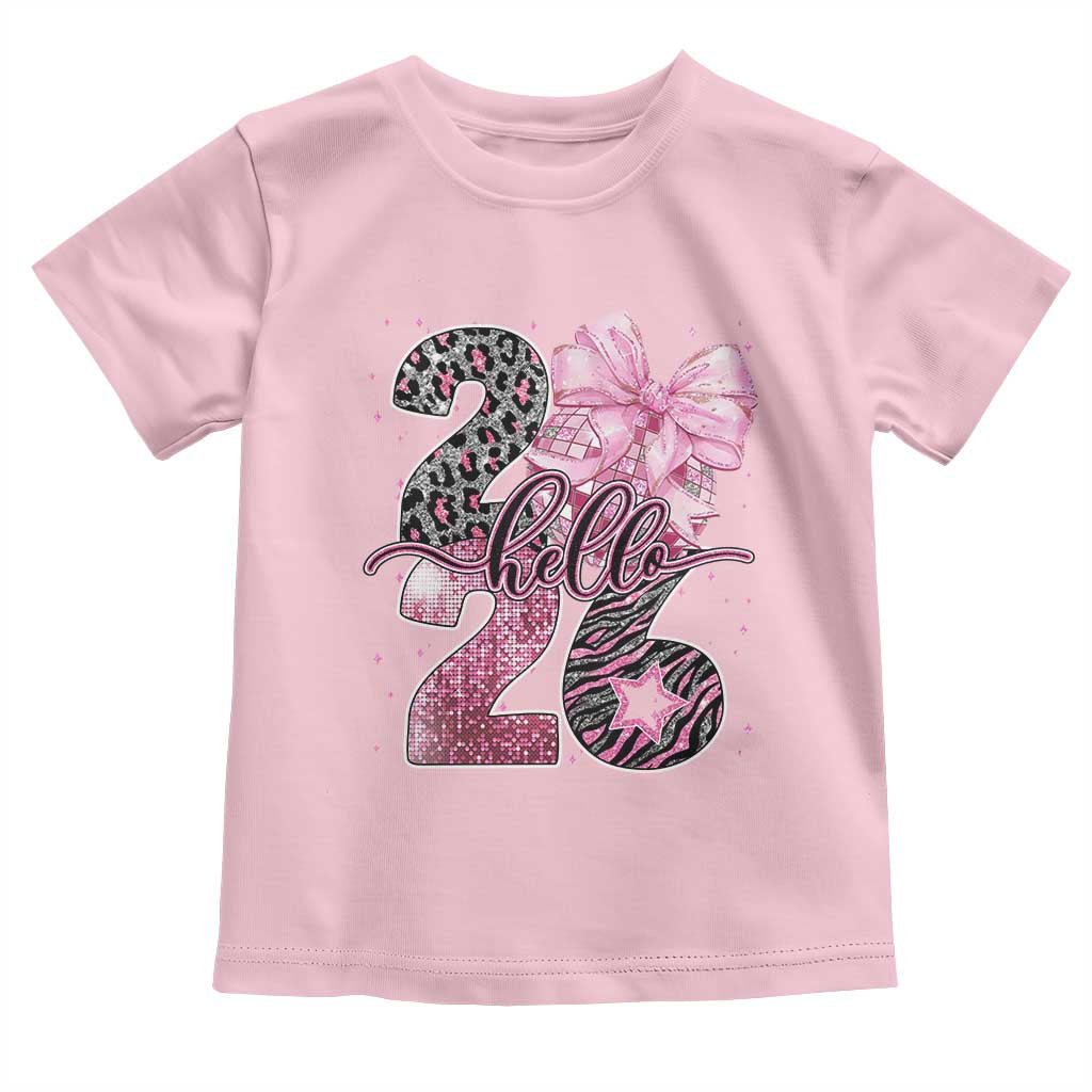 Happy New Year 2026 Toddler T Shirt Hello 2026 Disco Ball Pink Coquette Bow Faux Glitter - Wonder Print Shop