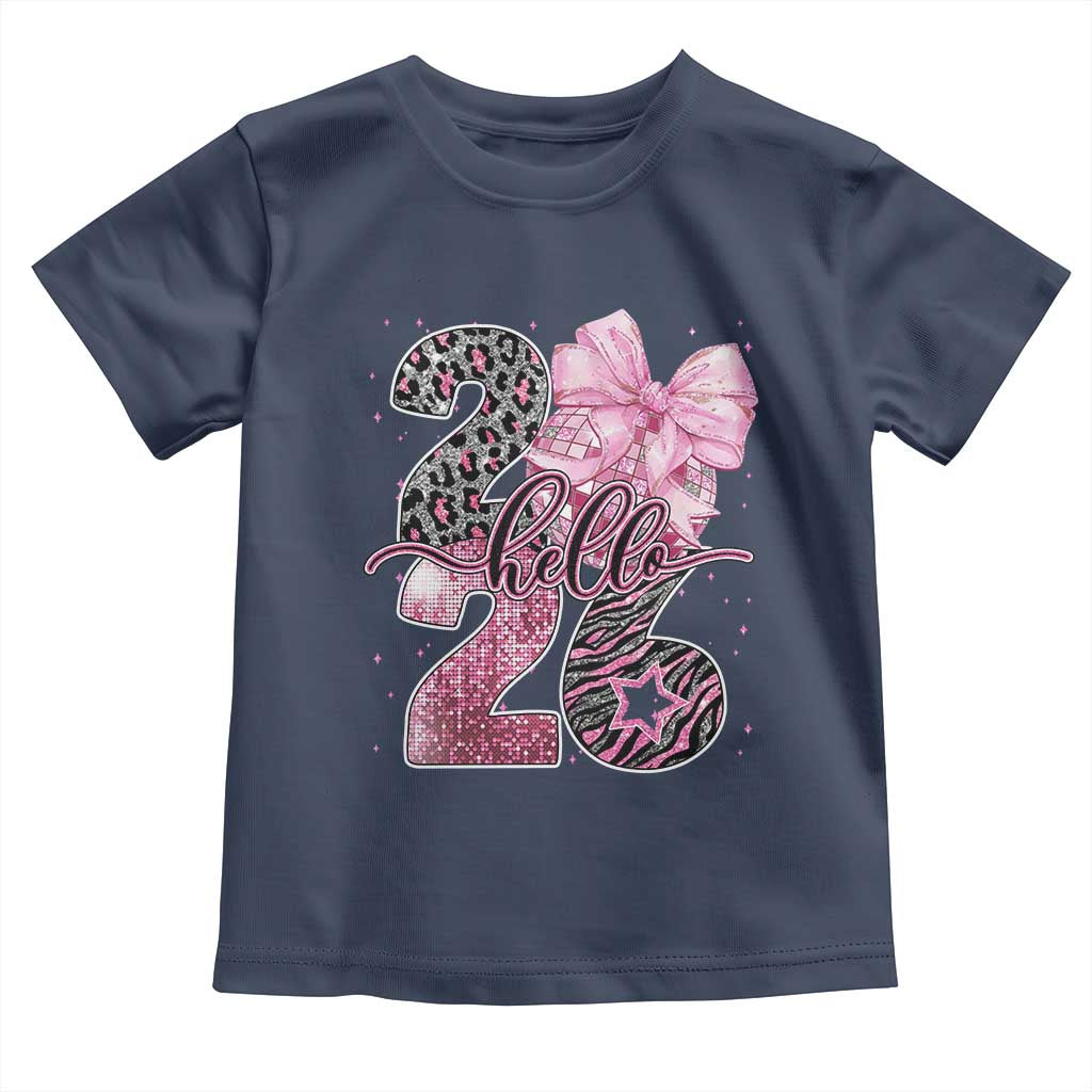 Happy New Year 2026 Toddler T Shirt Hello 2026 Disco Ball Pink Coquette Bow Faux Glitter - Wonder Print Shop