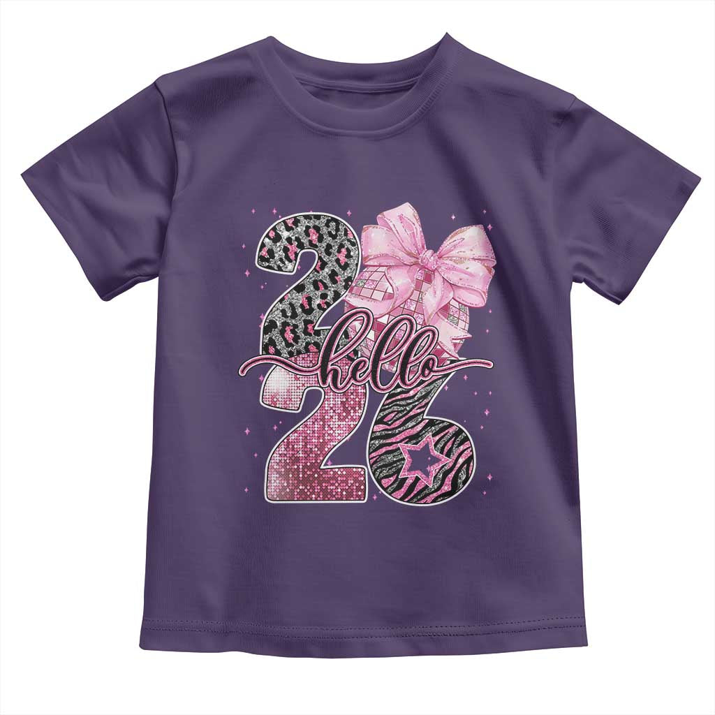 Happy New Year 2026 Toddler T Shirt Hello 2026 Disco Ball Pink Coquette Bow Faux Glitter - Wonder Print Shop