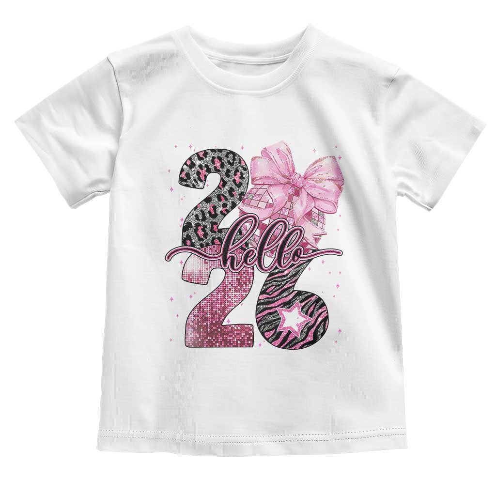 Happy New Year 2026 Toddler T Shirt Hello 2026 Disco Ball Pink Coquette Bow Faux Glitter - Wonder Print Shop