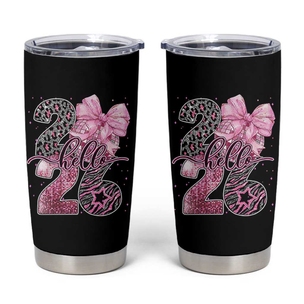 Happy New Year 2026 Tumbler Cup Hello 2026 Disco Ball Pink Coquette Bow Faux Glitter - Wonder Print Shop