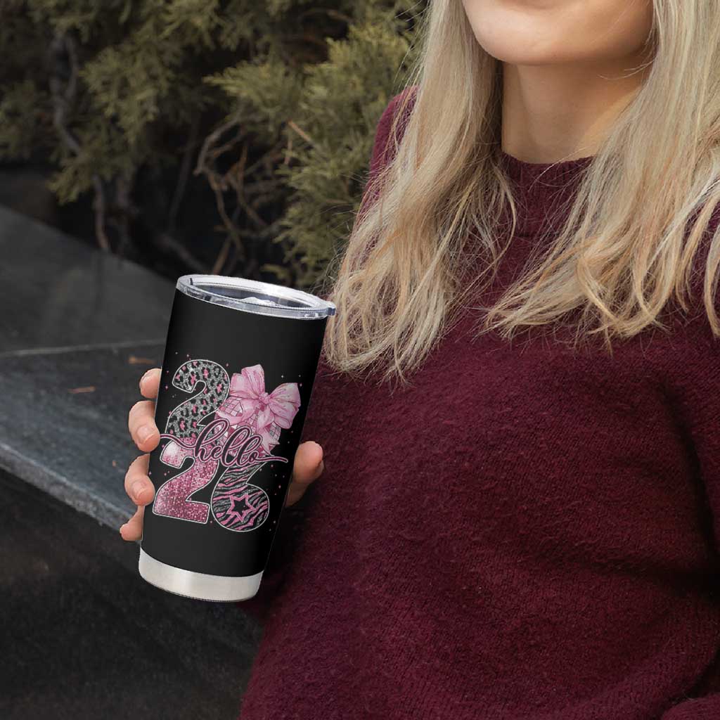 Happy New Year 2026 Tumbler Cup Hello 2026 Disco Ball Pink Coquette Bow Faux Glitter - Wonder Print Shop