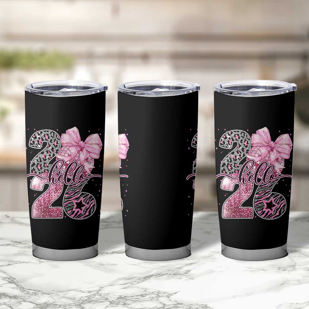 Happy New Year 2026 Tumbler Cup Hello 2026 Disco Ball Pink Coquette Bow Faux Glitter - Wonder Print Shop