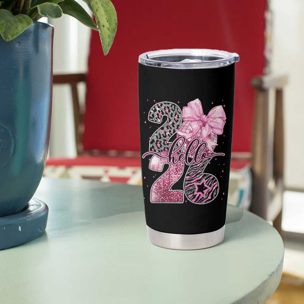 Happy New Year 2026 Tumbler Cup Hello 2026 Disco Ball Pink Coquette Bow Faux Glitter - Wonder Print Shop