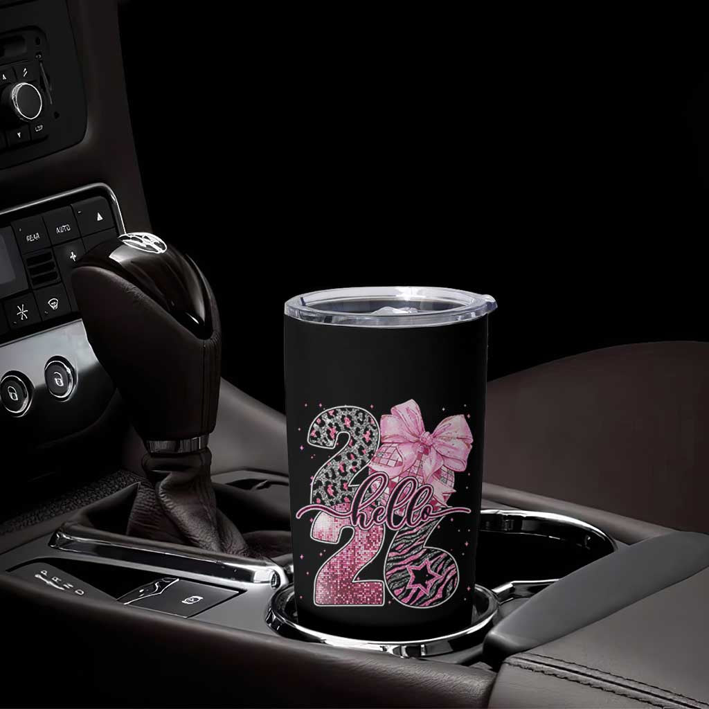 Happy New Year 2026 Tumbler Cup Hello 2026 Disco Ball Pink Coquette Bow Faux Glitter - Wonder Print Shop
