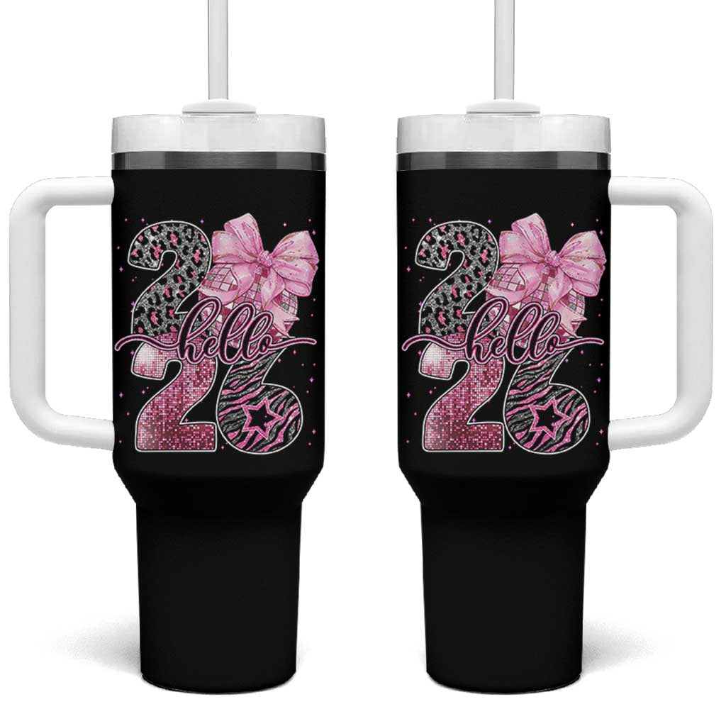 Happy New Year 2026 Tumbler With Handle Hello 2026 Disco Ball Pink Coquette Bow Faux Glitter - Wonder Print Shop