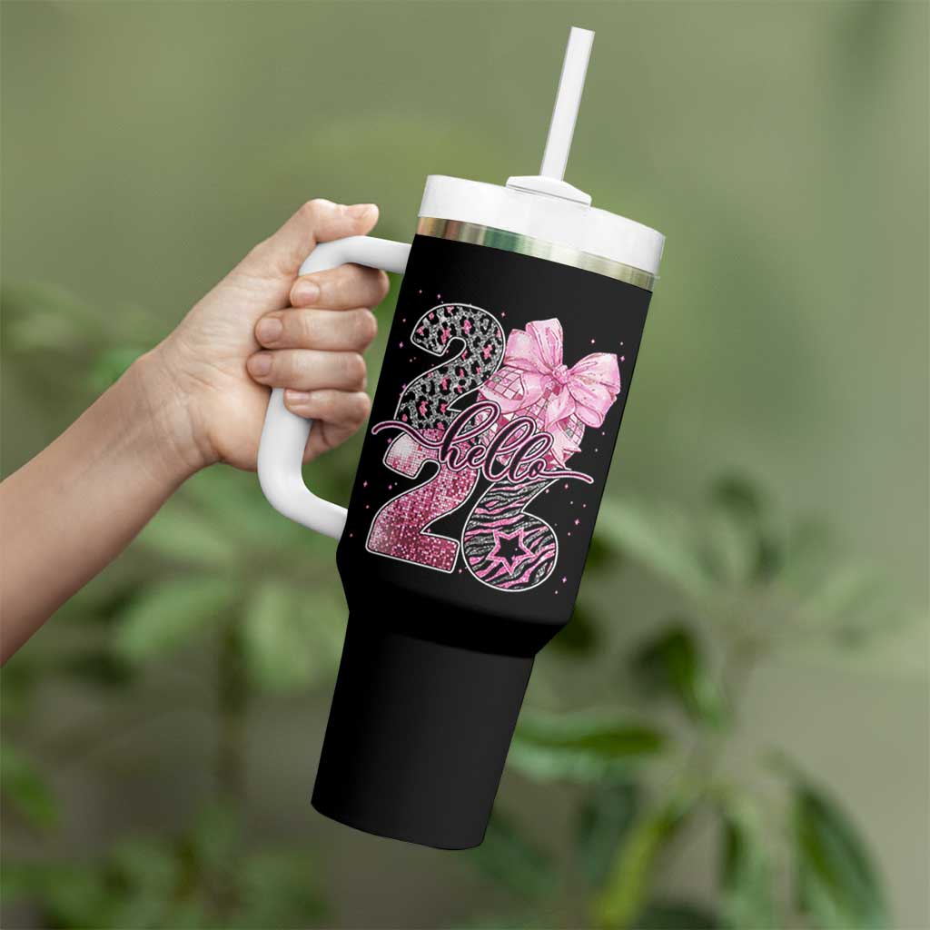 Happy New Year 2026 Tumbler With Handle Hello 2026 Disco Ball Pink Coquette Bow Faux Glitter - Wonder Print Shop