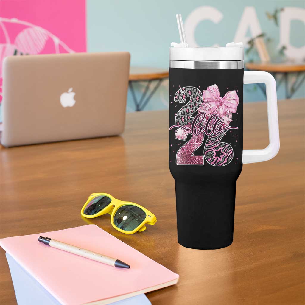 Happy New Year 2026 Tumbler With Handle Hello 2026 Disco Ball Pink Coquette Bow Faux Glitter - Wonder Print Shop