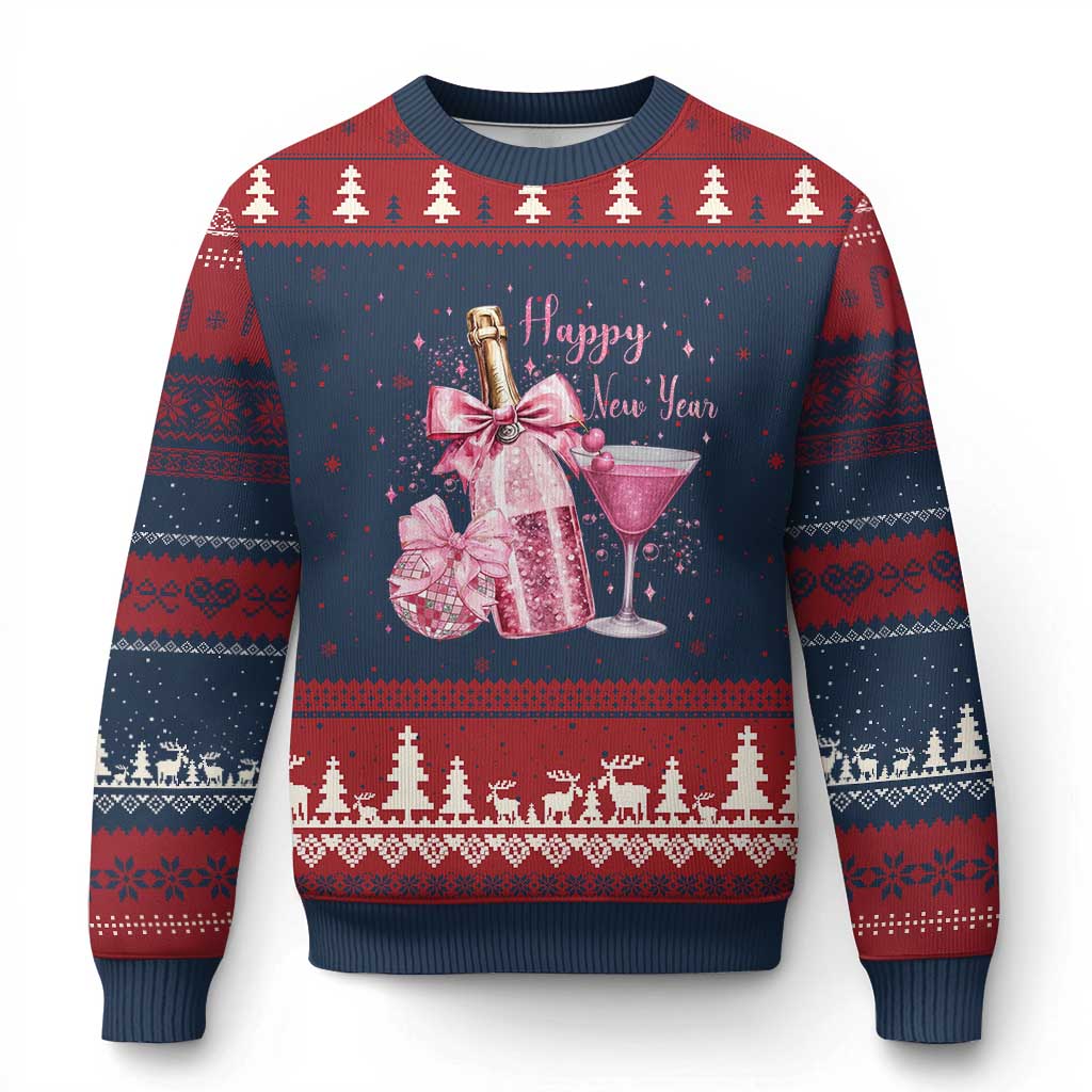 Happy New Year 2026 New Years Eve Party Ugly Christmas Sweater Pink Cocktail Disco Ball - Wonder Print Shop