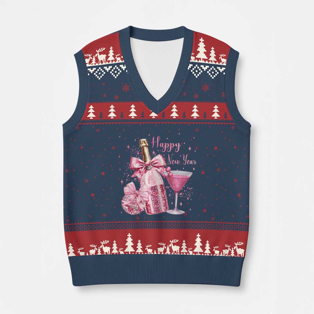 Happy New Year 2026 New Years Eve Party V-Neck Knit Sweater Vest Pink Cocktail Disco Ball - Wonder Print Shop