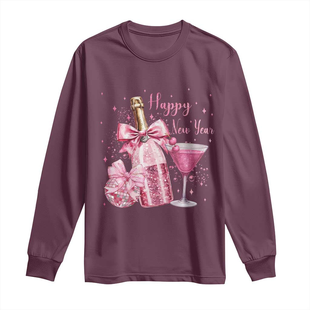 Happy New Year 2026 New Years Eve Party Long Sleeve Shirt Pink Cocktail Disco Ball - Wonder Print Shop