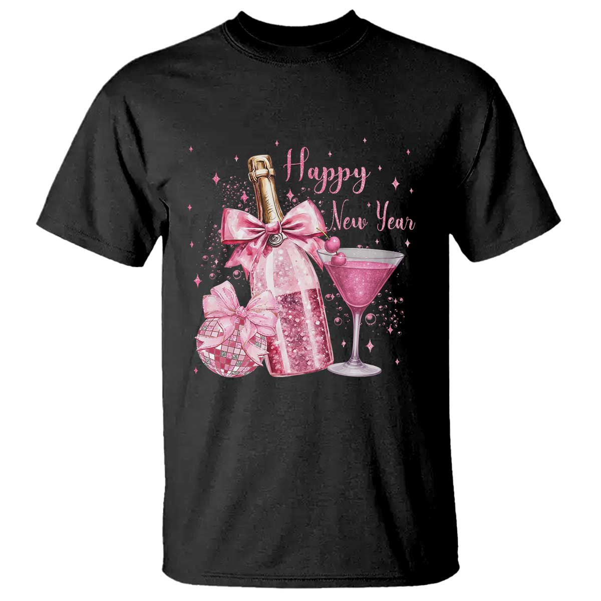 Happy New Year 2026 New Years Eve Party T Shirt Pink Cocktail Disco Ball - Wonder Print Shop
