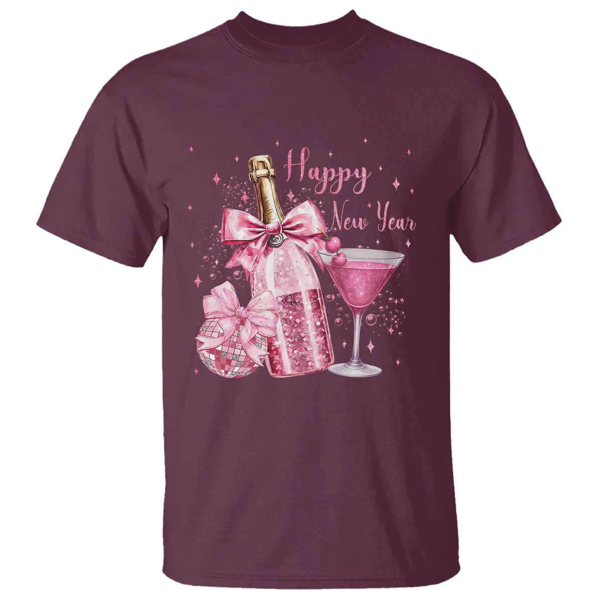 Happy New Year 2026 New Years Eve Party T Shirt Pink Cocktail Disco Ball - Wonder Print Shop