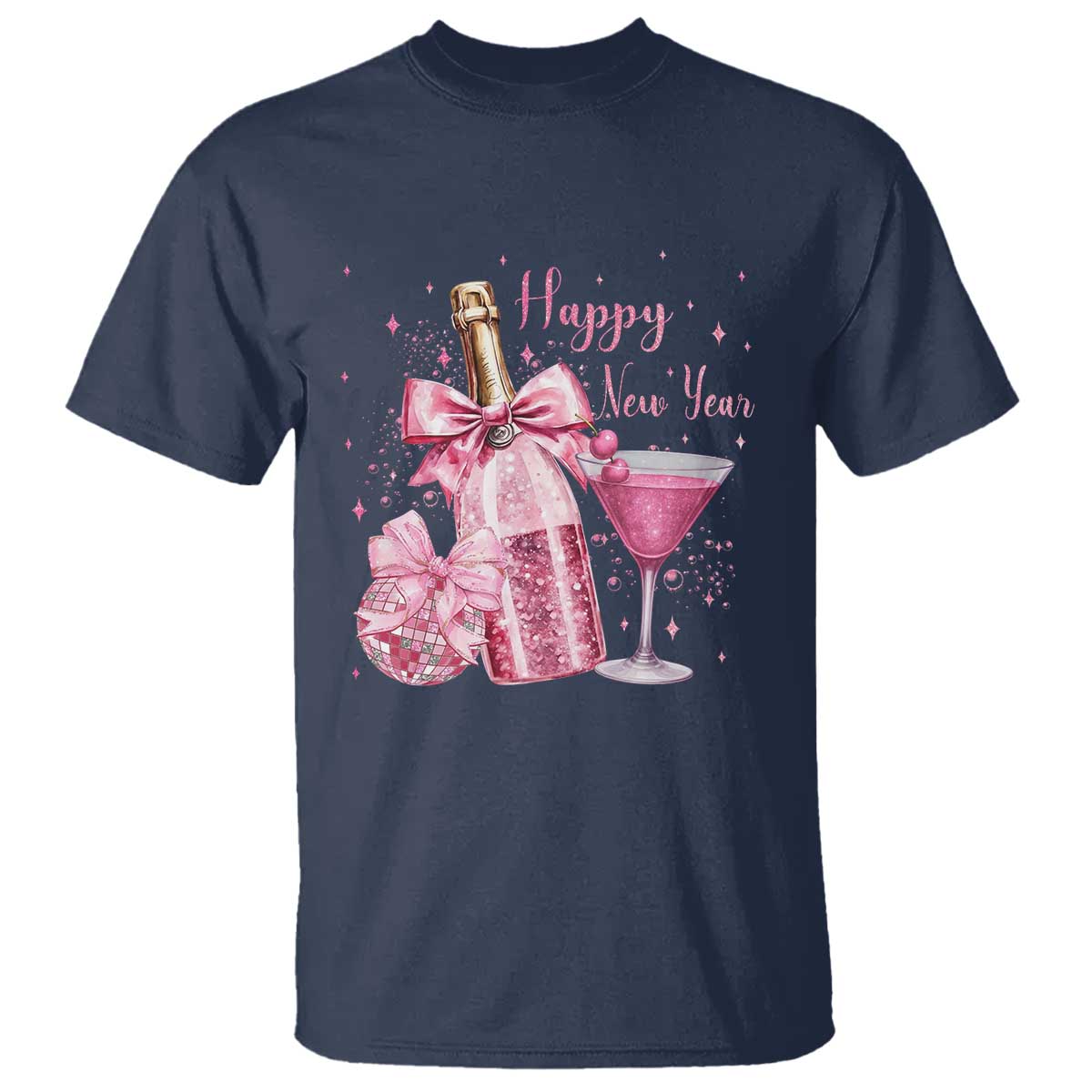 Happy New Year 2026 New Years Eve Party T Shirt Pink Cocktail Disco Ball - Wonder Print Shop