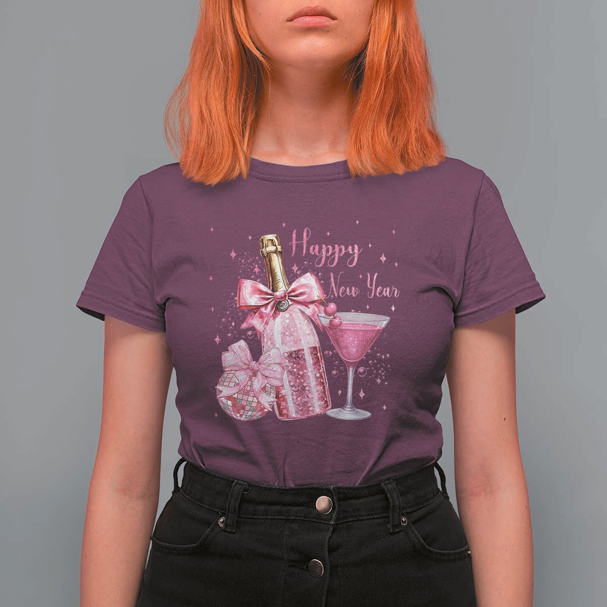 Happy New Year 2026 New Years Eve Party T Shirt For Women Pink Cocktail Disco Ball - Wonder Print Shop