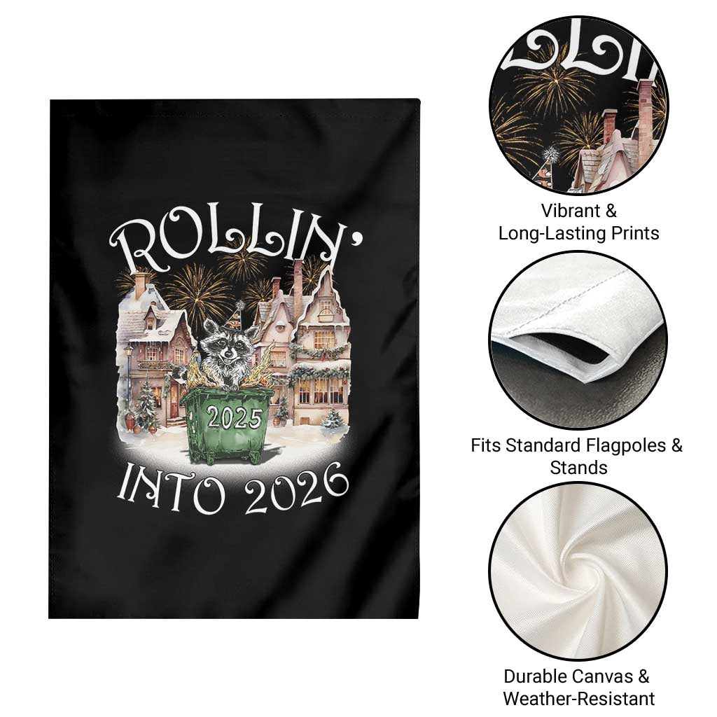 Funny Raccoon Rollin Into 2026 Garden Flag New Year Dumpster Fire Firework - Wonder Print Shop