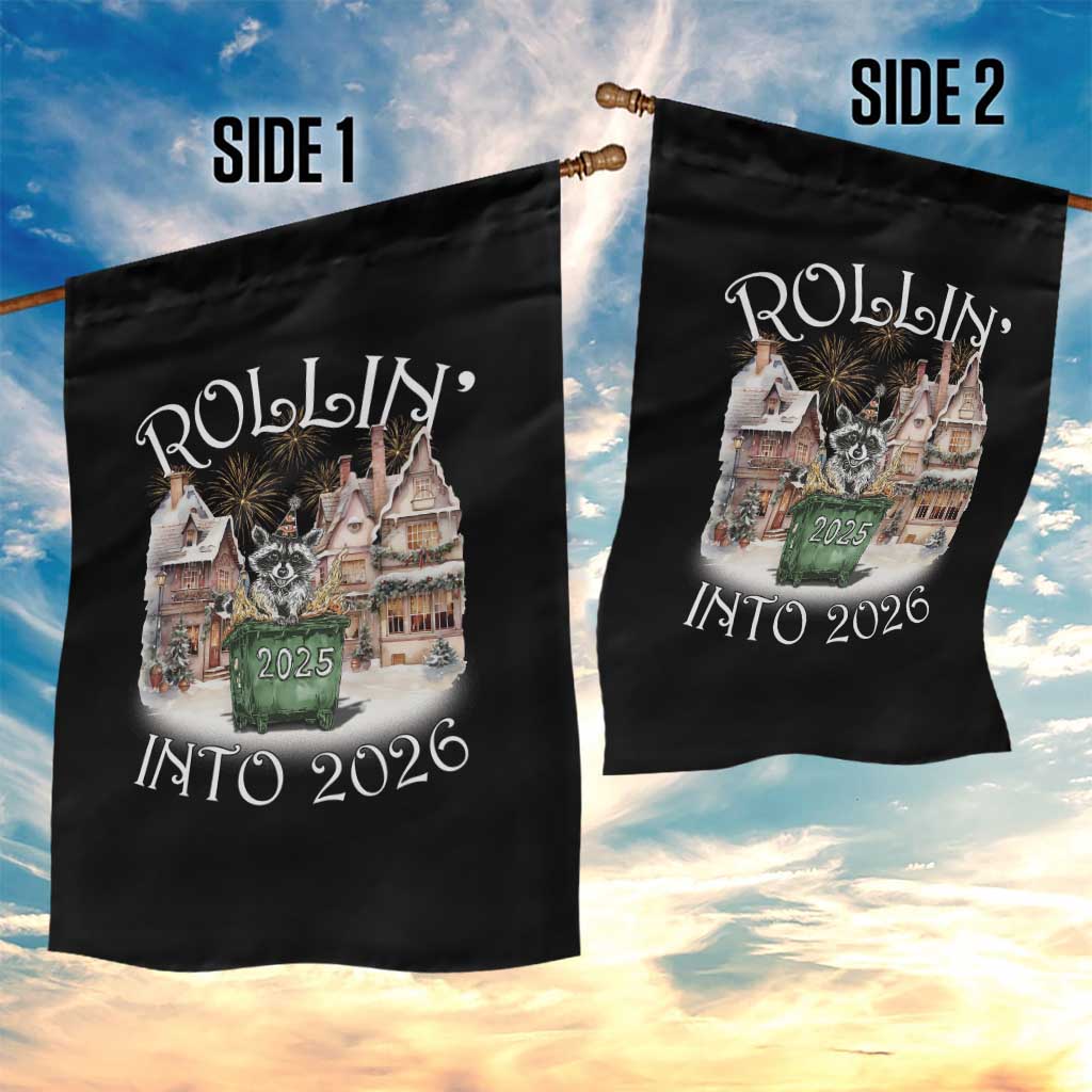 Funny Raccoon Rollin Into 2026 Garden Flag New Year Dumpster Fire Firework - Wonder Print Shop