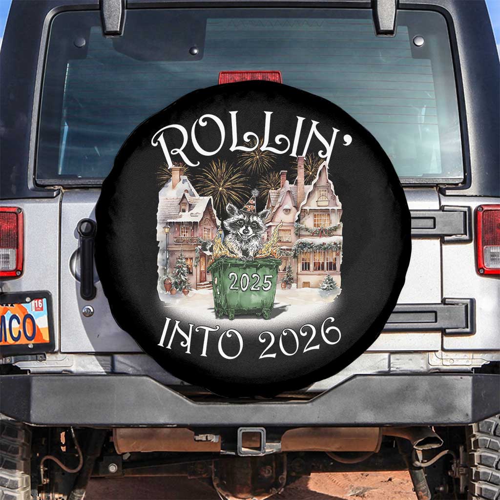 Funny Raccoon Rollin Into 2026 Spare Tire Cover New Year Dumpster Fire Firework - Wonder Print Shop