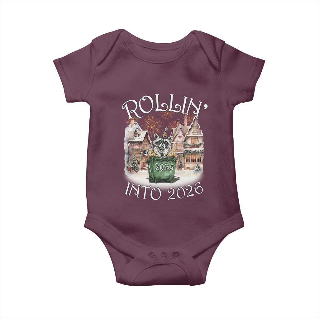 Funny Raccoon Rollin Into 2026 Baby Onesie New Year Dumpster Fire Firework - Wonder Print Shop