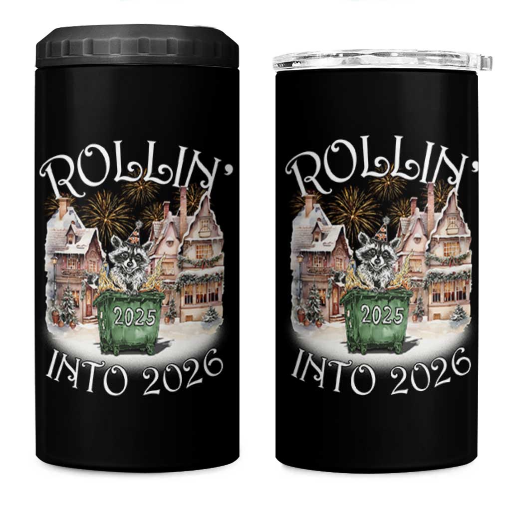 Funny Raccoon Rollin Into 2026 4 in 1 Can Cooler Tumbler New Year Dumpster Fire Firework - Wonder Print Shop